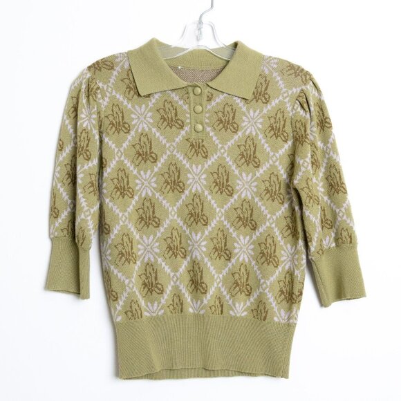 Simple Retro Green Collared Sweater Wool Blend Floral ASO The Recruit Hannah - Picture 4 of 14